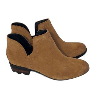 Sorel Lolla Cutout Tan Suede Slip On Block Heel Booties Boots Womens Fall Shoes